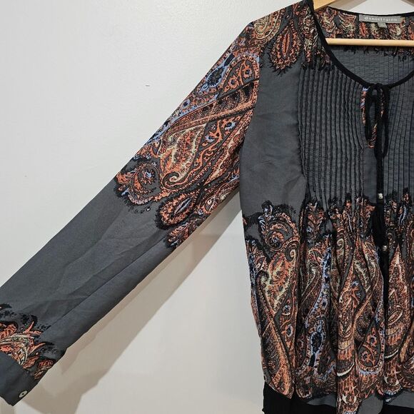 Daniel Rainn - Blouse Ruffle Paisley Print Tassels Flowy - Size S - Gray Orange - Picture 6 of 10